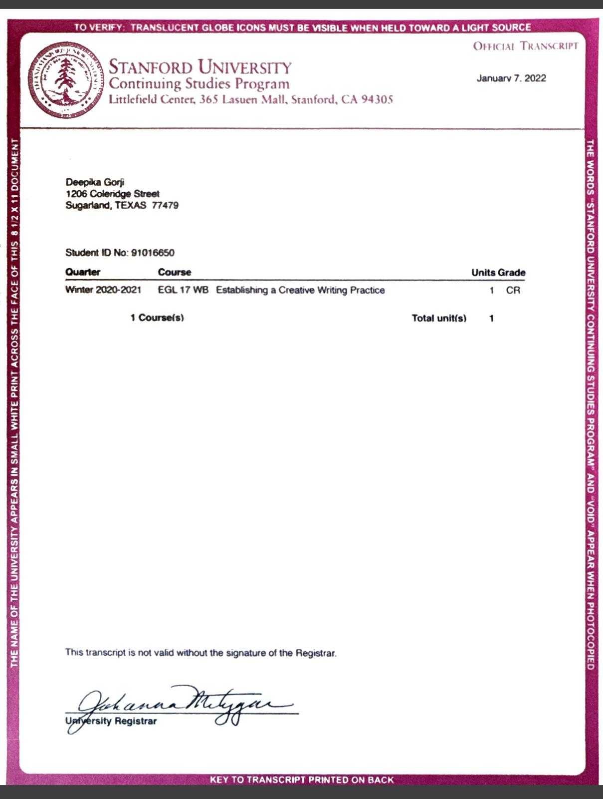 Stanford University Continuing Studies Official Transcript — Deepika Gorji